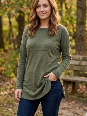 Max Studio Olive Green Spirit Jersey Tunic Knit Top Boho Earthy Lightweight